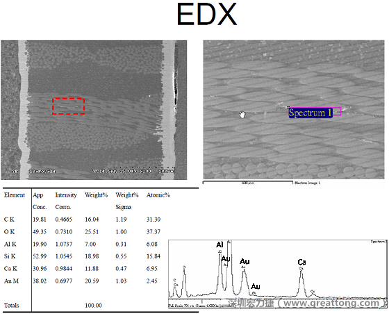ACF(Conductive Anodic Filament，導墊性細絲物，陽極性玻璃纖維絲漏電現象)。用EDX打出來Au(金)的元素介于通孔與盲孔之間第一個位置。