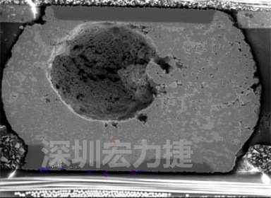 錫球氣泡大到足以影響到焊接的品質(zhì)，下圖是錫球切片后的剖面，可以很明顯看到氣泡已經(jīng)有錫球的 1/3 大了
