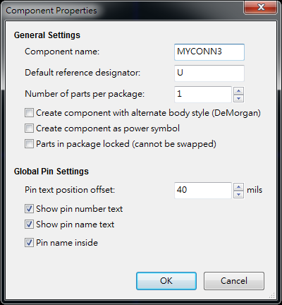 按下工具  "Create a new component"， 出現(xiàn)底下畫(huà)面， 按下OK后， 產(chǎn)生MYCONN3/U? 文字重迭在一在， 把它們分開(kāi)(用mouse選擇并按下"M"， 即可移動(dòng))