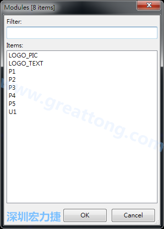 從目前正在編輯的PCB載入Module， 會顯示有那些項目可載入。點選一個， OK后即完成載入